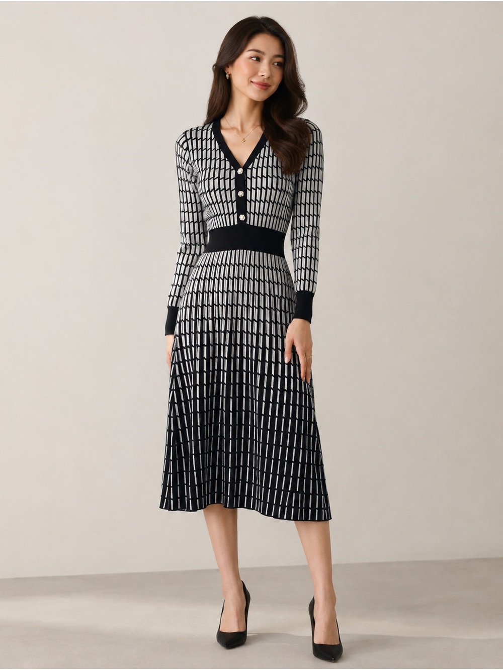 V-Neck Knit Midi Dress in Black and White